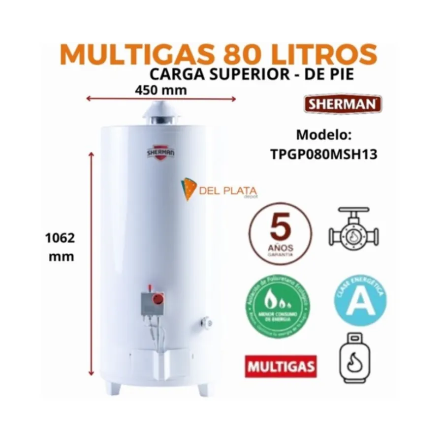 TERMOTANQUE SHERMAN DE PIE MG 80 LTS TPGP080